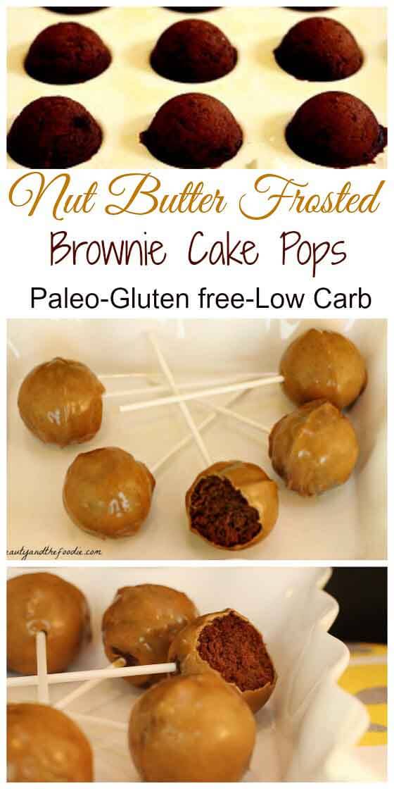 Nut Butter Frosted Paleo Brownie Pops, grain free, paleo and low carb option.