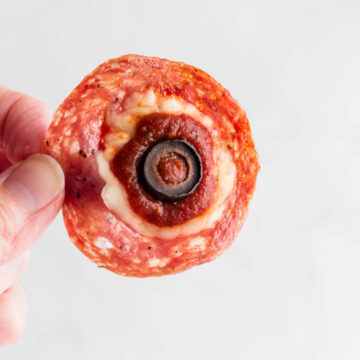 A keto pizza snack that looks like an eyeball.