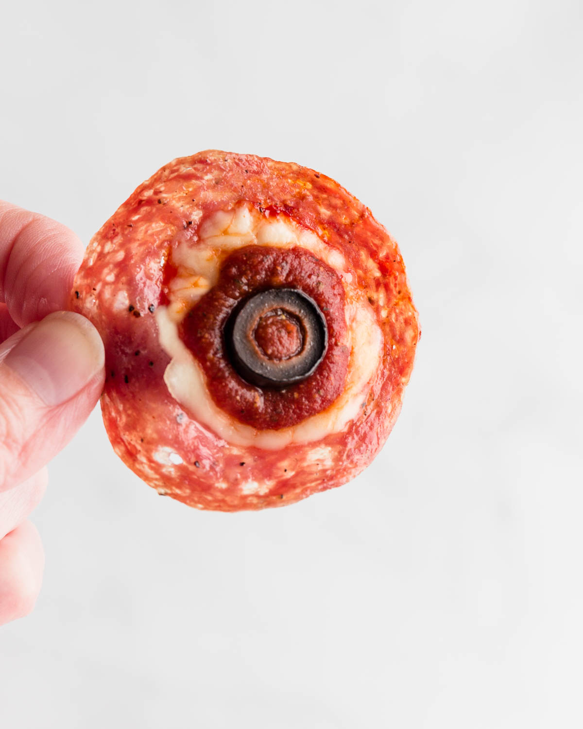 A  low carb Pizza Eyeball Snack.