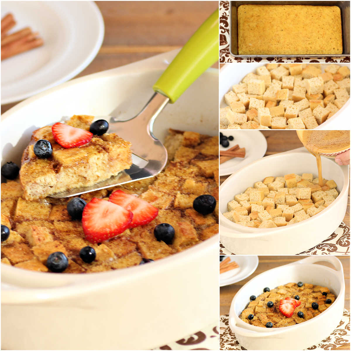 A collage showing how to prepare low carb cinnamon French Toast casserole.