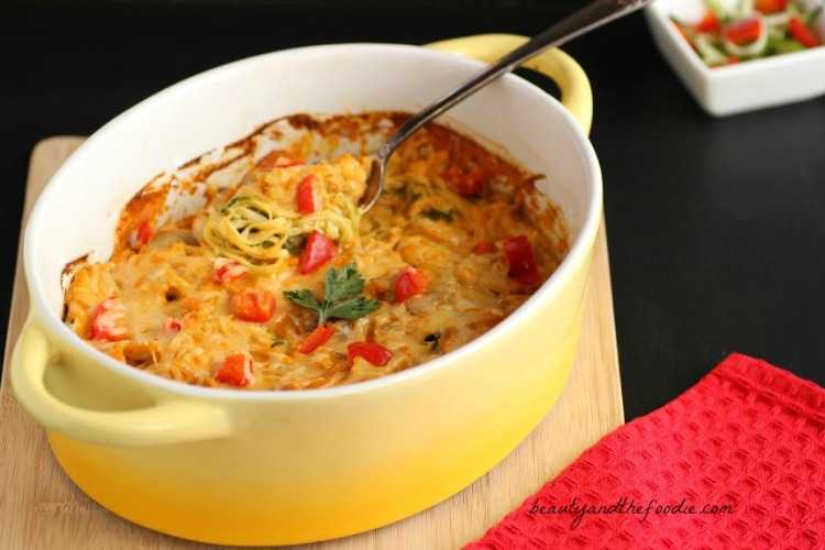 Creamy Buffalo Chicken Zucchini Noodle Bake. Grain free and low carb. beautyandthefoodie.com