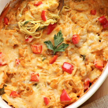 Creamy Buffalo Chicken Zucchini Noodle Bake- Low Carb, Keto and Gluten Free