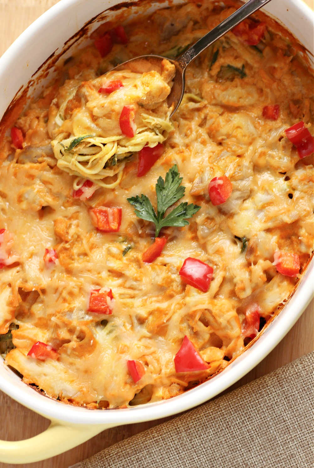 Buffalo Chicken Zucchini Noodle Bake