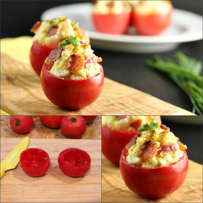Tomatoes filled with egg salad and bacon bits.
