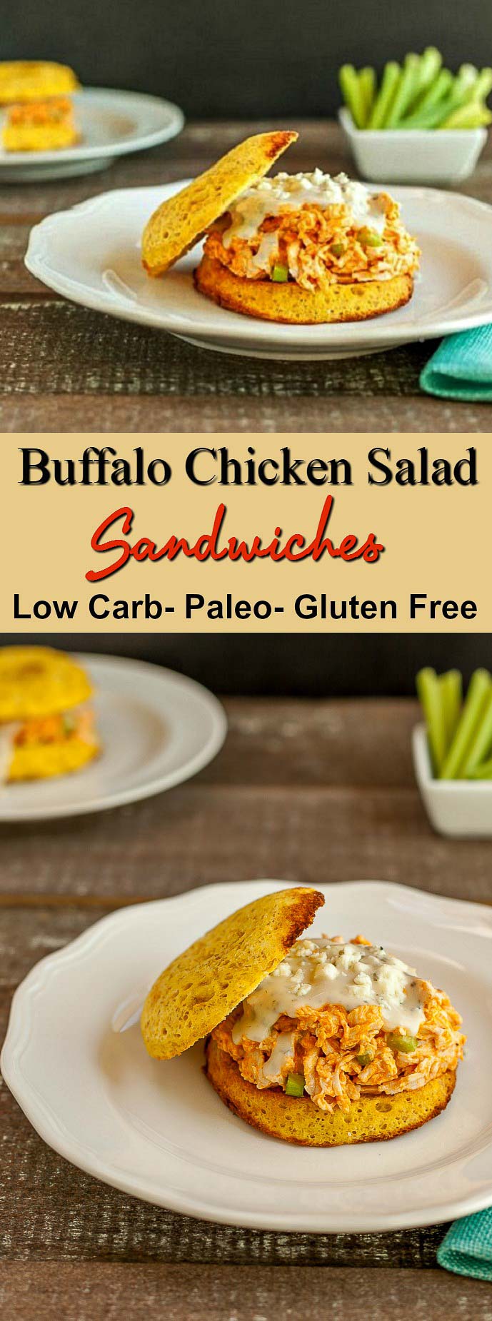 Buffalo Ranch Chicken Salad Sandwiches- Low carb, paleo and gluten free. Includes a Low Carb Quick Bun recipe.