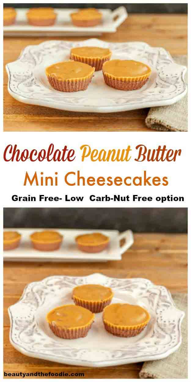 Chocolate Peanut Butter Mini Cheesecakes- grain free, no bake, low carb, with nut free option