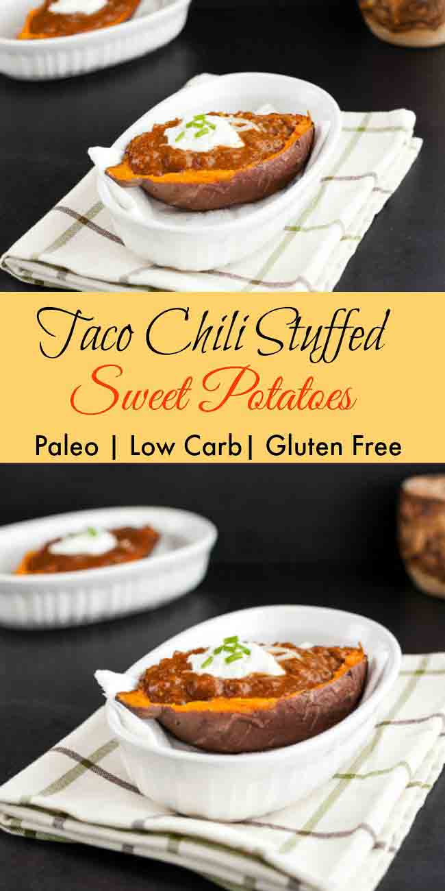 Taco Chili Stuffed Sweet Potatoes. grain free, paleo, low carb