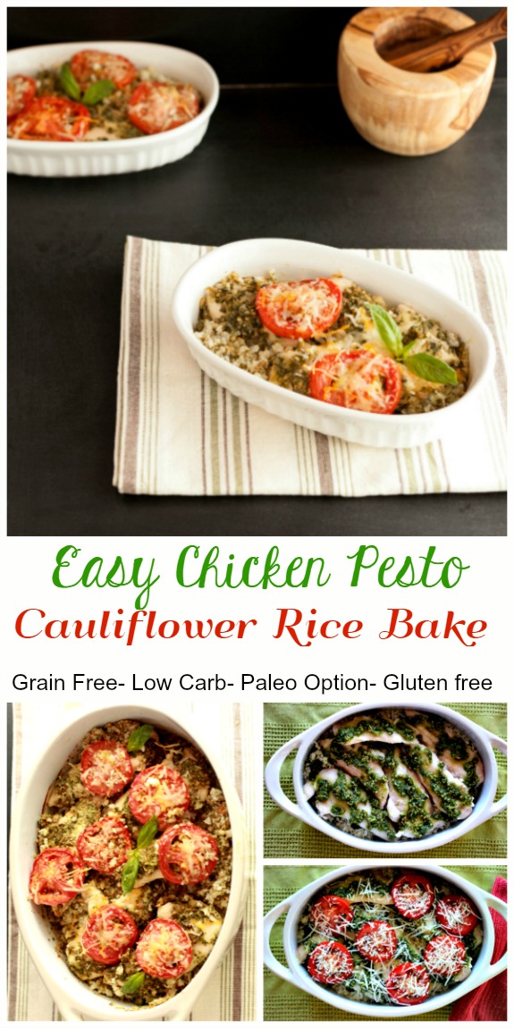 Chicken Pesto Cauliflower Rice Bake- Grainfree, low carb and paleo option