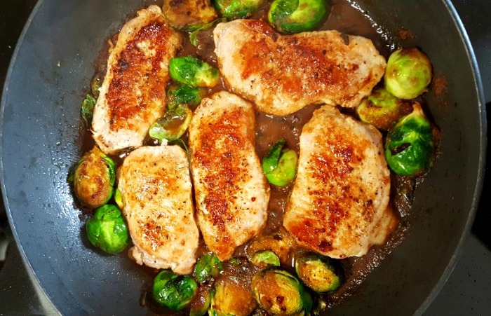 One Pan Pork Chop Bacon Brussels Sprout Skillet