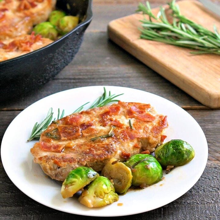 One Pan Pork Chop Bacon Brussels Sprout Skillet Beauty and the Foodie