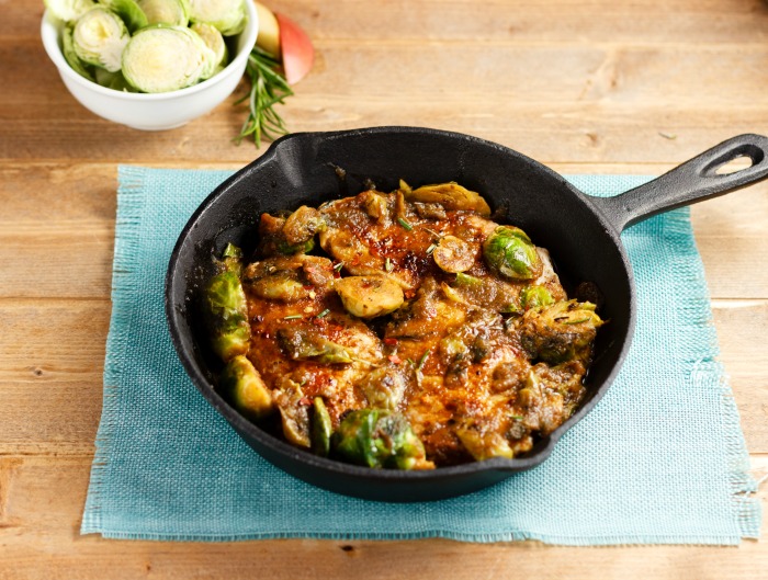 One Pan Pork Chop Bacon Brussels Sprout Skillet- Paleo, Low Carb, and Gluten Free