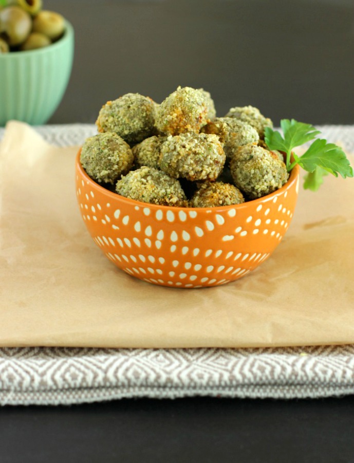 Oven Fried Stuffed Olives- Paleo, Low Carb & Gluten Free sausage stuffed olives that are gluten free breaded and oven fried.