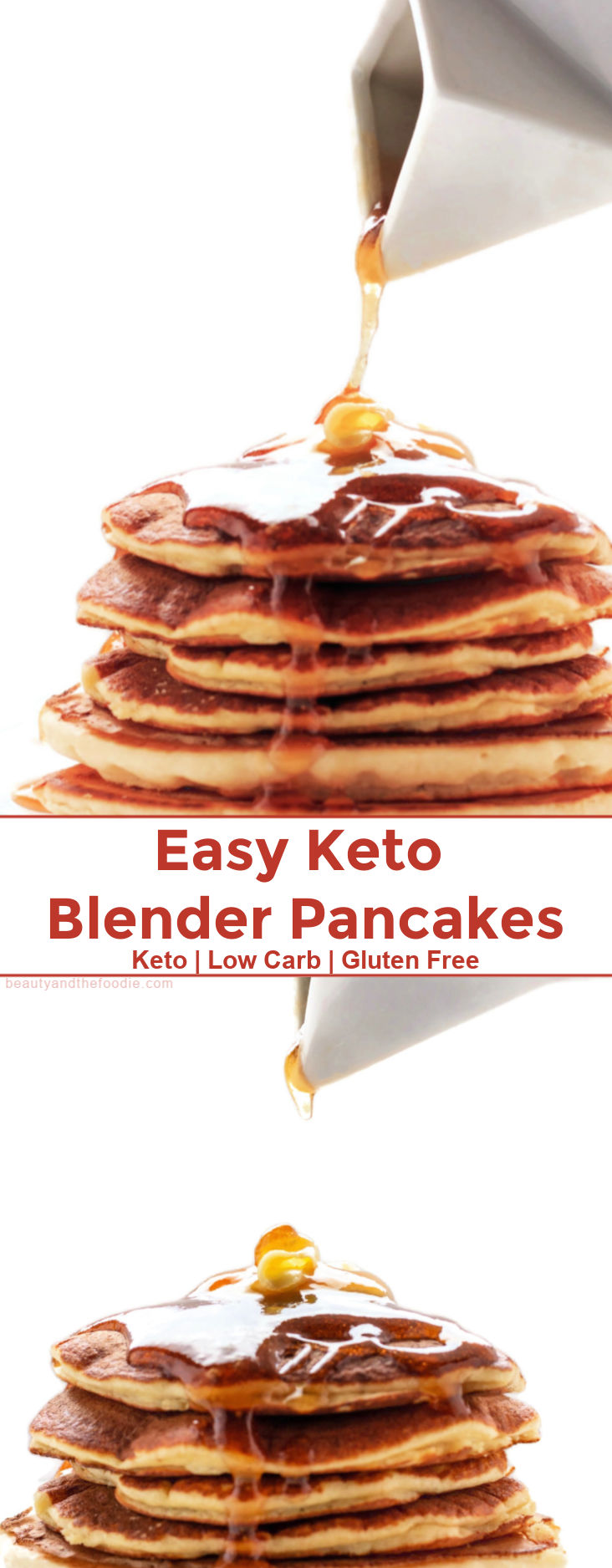 A stack of keto pancakes with syrup running down them.