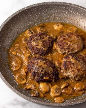 Return meat patties to the pan with gravy.