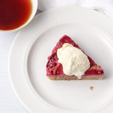 Low Carb Plum Upside Down Cake slice with low carb ice cream