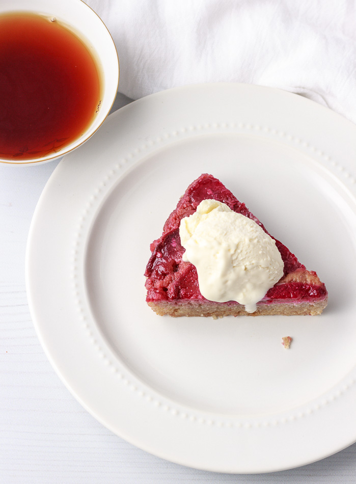 Low Carb Plum Upside Down Cake slice with low carb ice cream