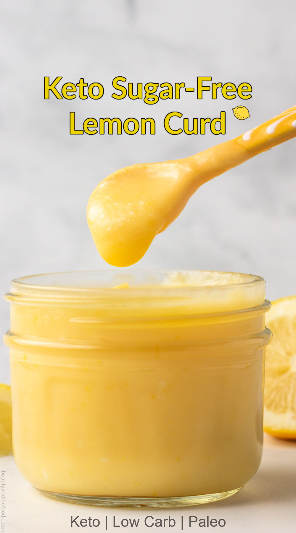 spooning lemon curd out of a jar of keto lemon curd.