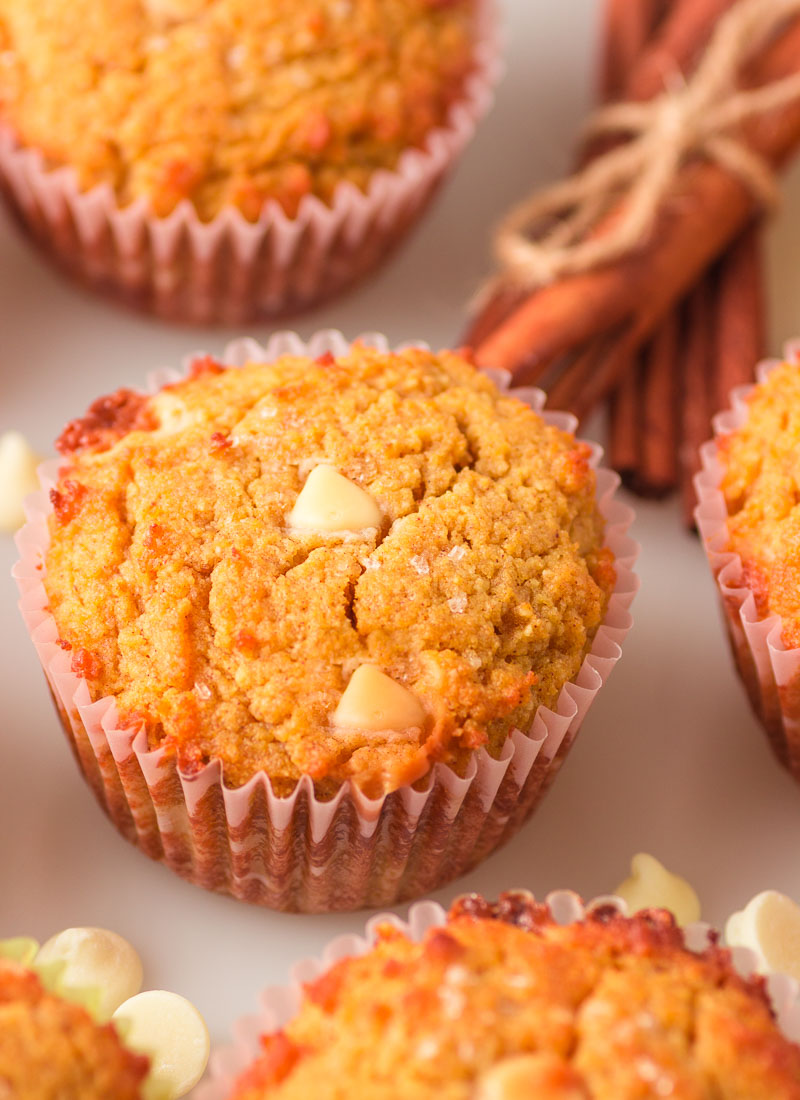 A group of muffins with white chocolate chips.