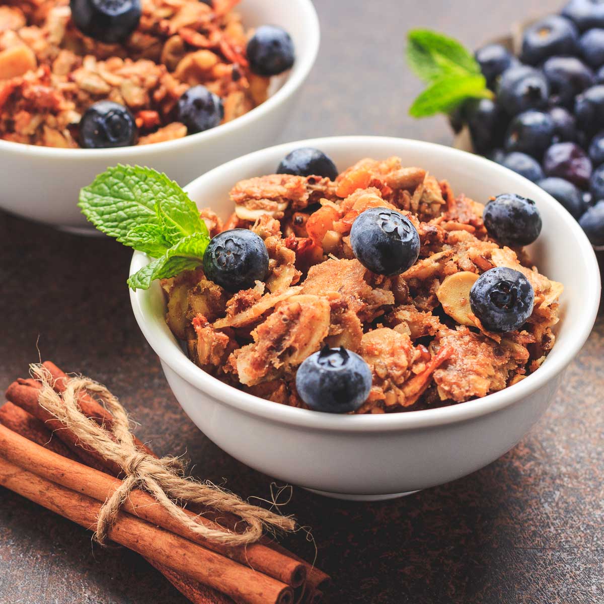low carb crunchy granola with blueberries and cinnamon.