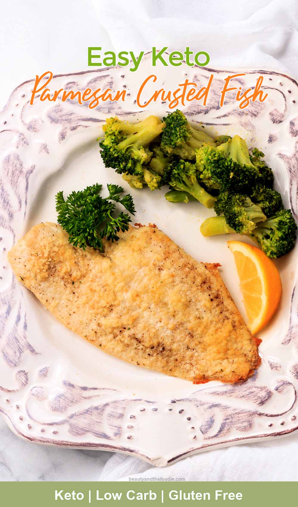 One low carb breaded parmesan cruste flounder fish fillet with broccoli.
