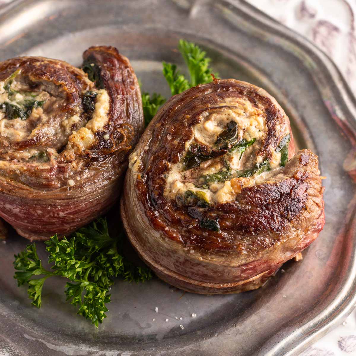 Stuffed low carb steak & spinach roll pinwheels.