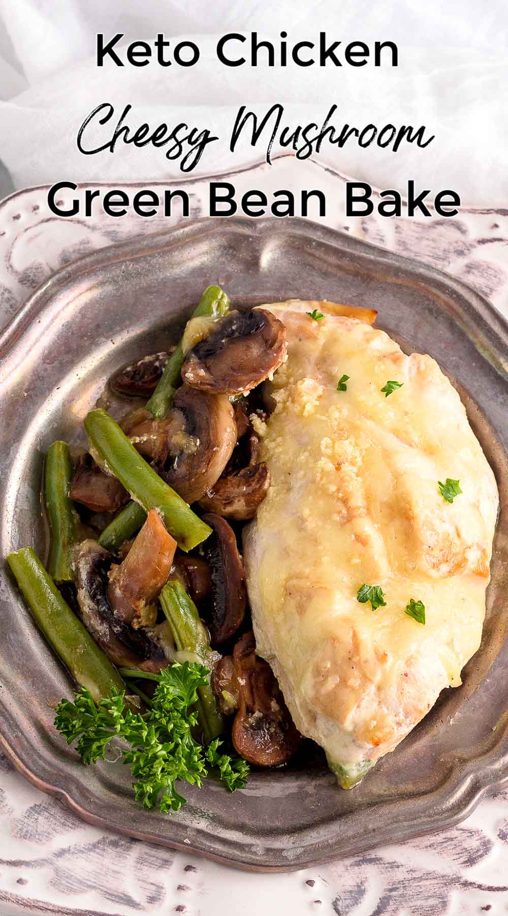 A one dish chicken mushroom green bean entrée in a cream sauce
