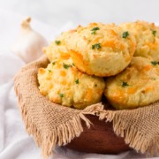 A basket of low carb cheddar garlic biscuits.