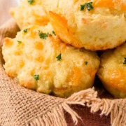 A basket of gluten free, low carb, garlic, cheddar biscuits