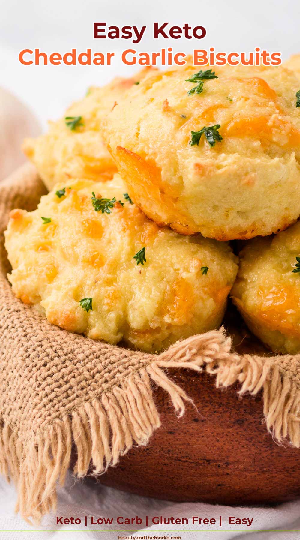 A basket of gluten free, low carb, garlic, cheddar biscuits