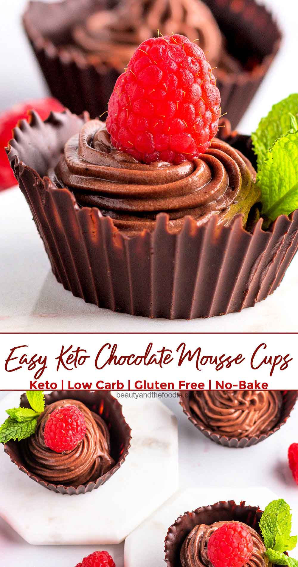 Four chocolate cups filled with chocolate mousse and topped with a raspberry.