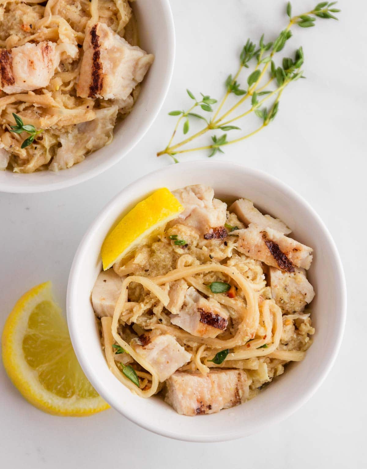 Low carb hearts of palm noodles with chicken and veggies in a lemon butter cream sauce.