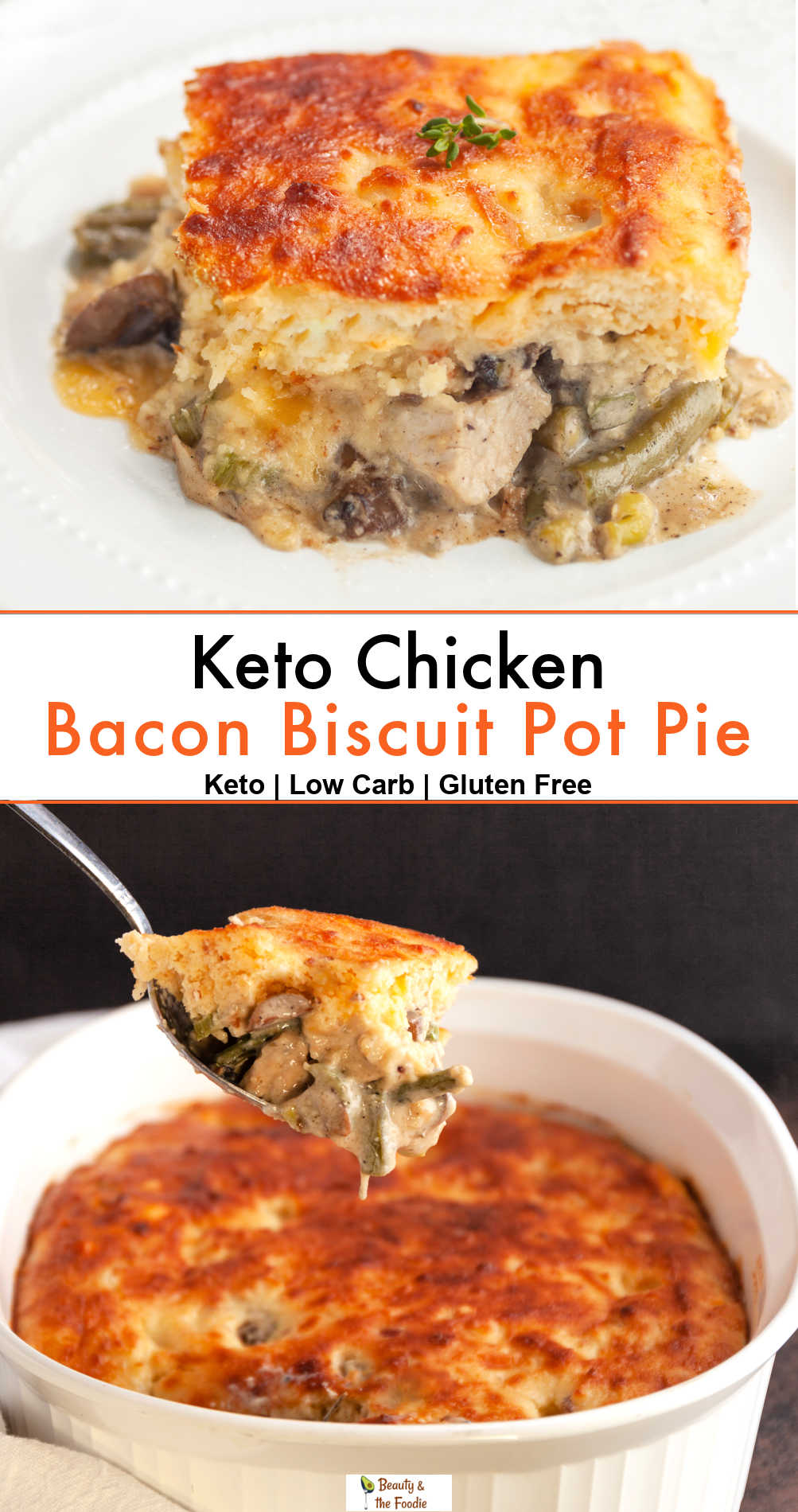 A keto pot pie with chicken, veggies & a biscuit crust.