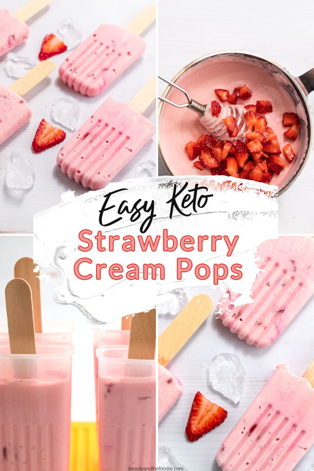 Keto strawberry cream pops with photos showing instructions.