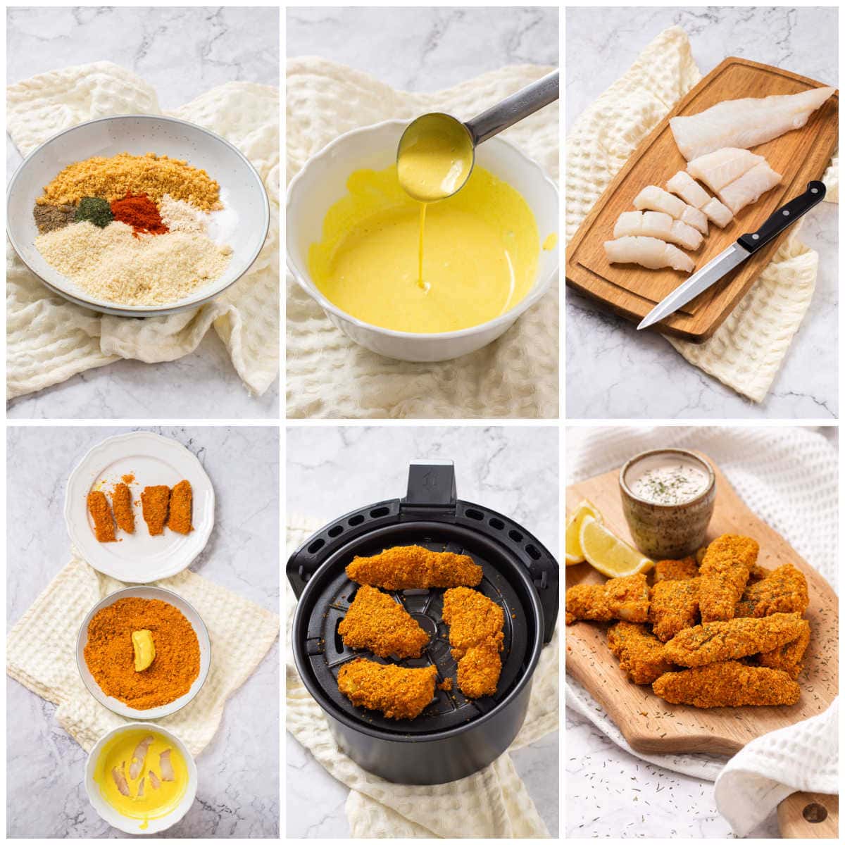A collage of six photos showing how tto make air fryer fish sticks.