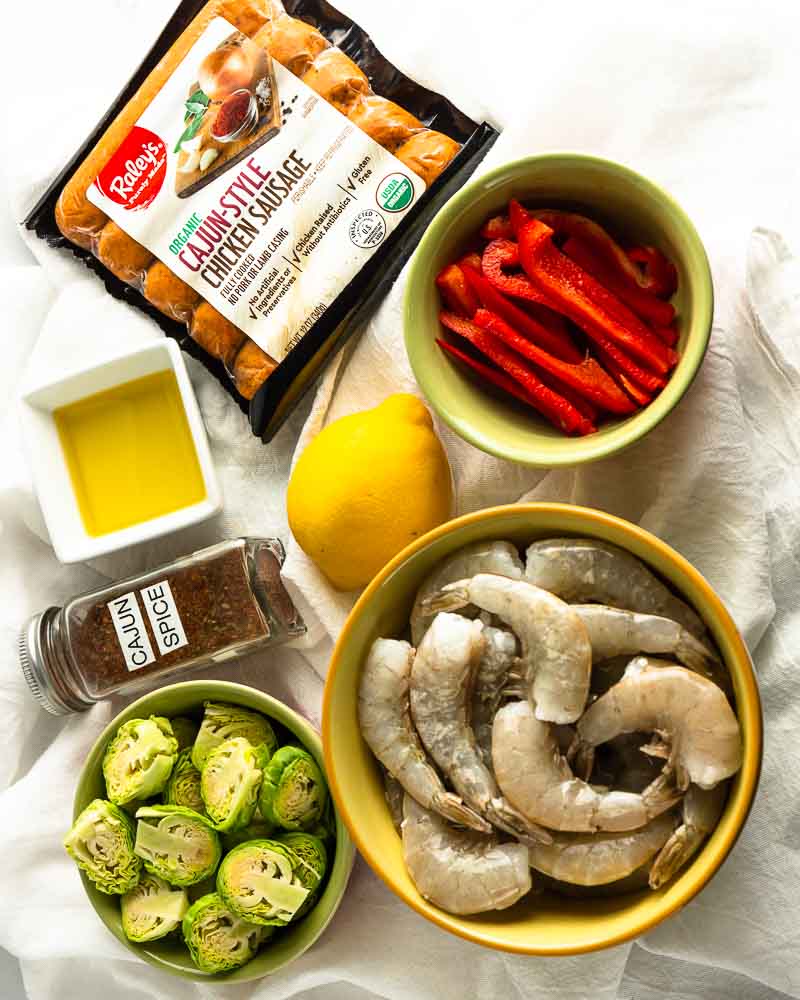 The ingredients to make Cajun shrimp and sausage sheet pan meals.