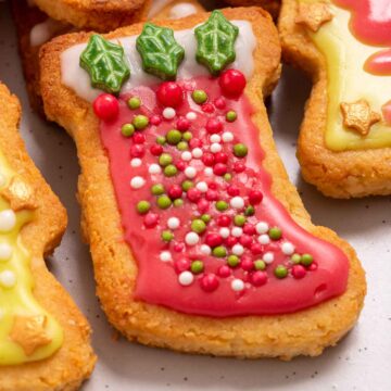 A plate of iced and decorated Christmas cookies.