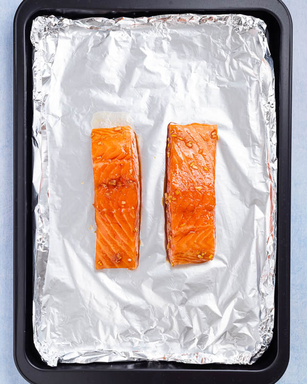 Baking the salmon in the oven.