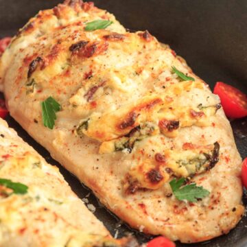 Spinach cheese and bacon stuffed hasselback style in chicken breasts.