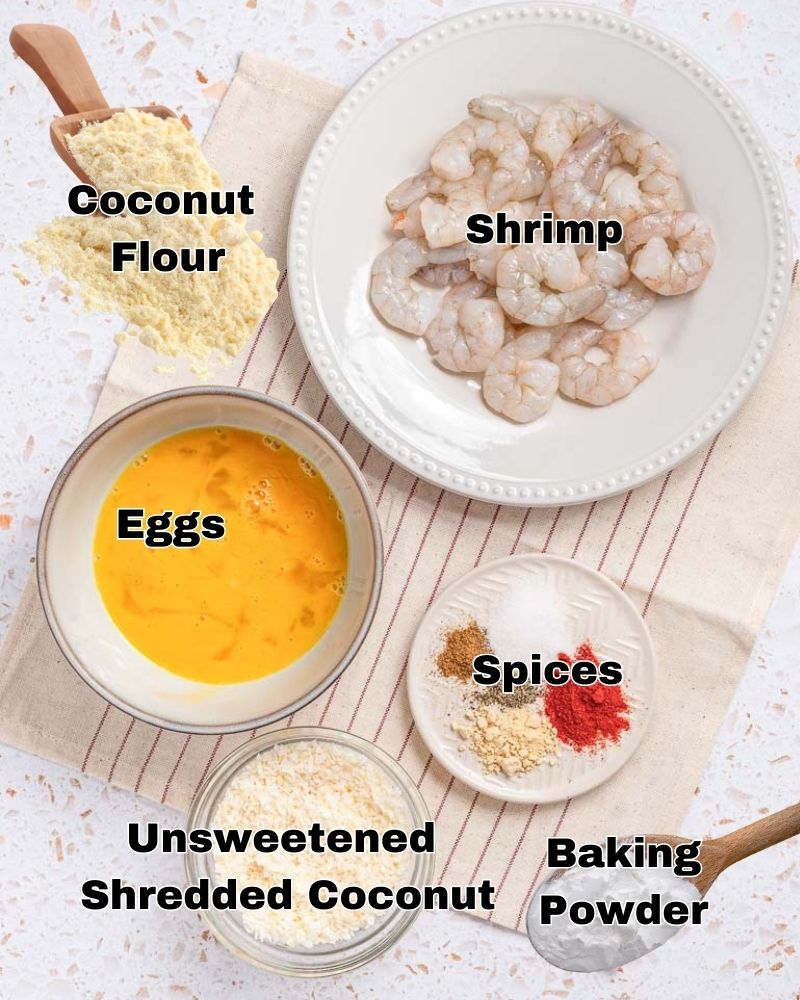 Ingredients for making keto air fryer coconut shrimp.