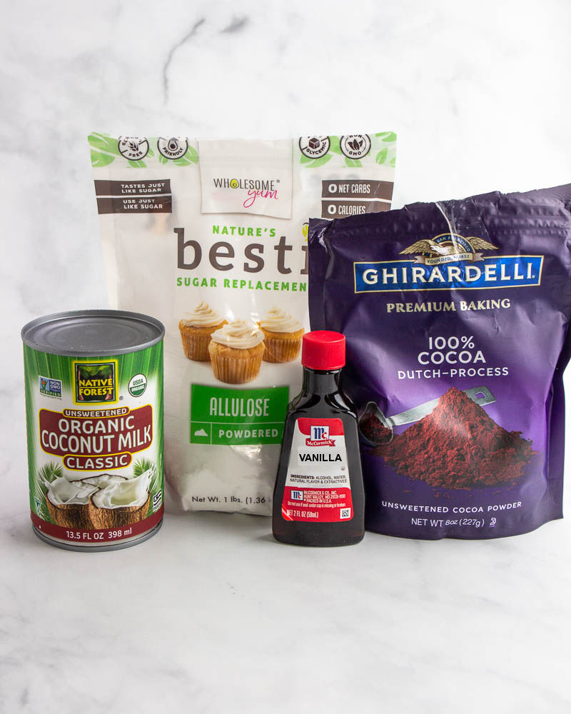 The four ingredients for make keto chocolate coconut mousse.