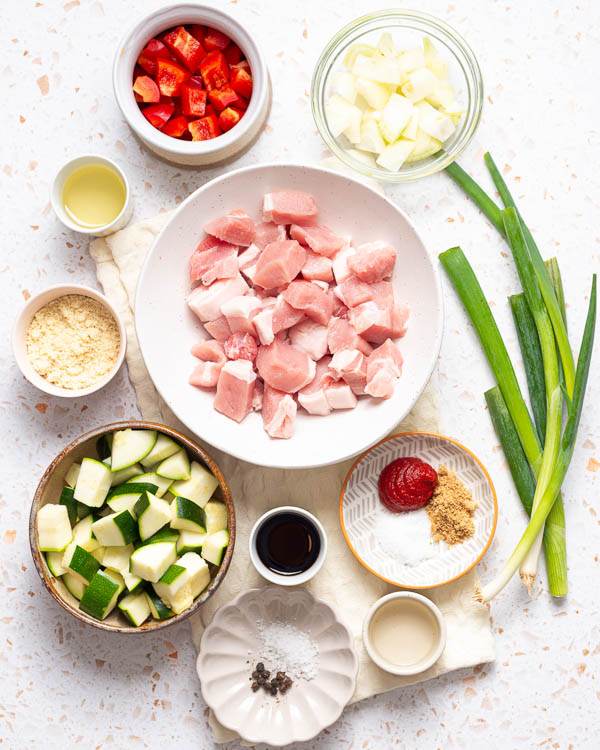 The ingredients to make keto sweet and sour pork.