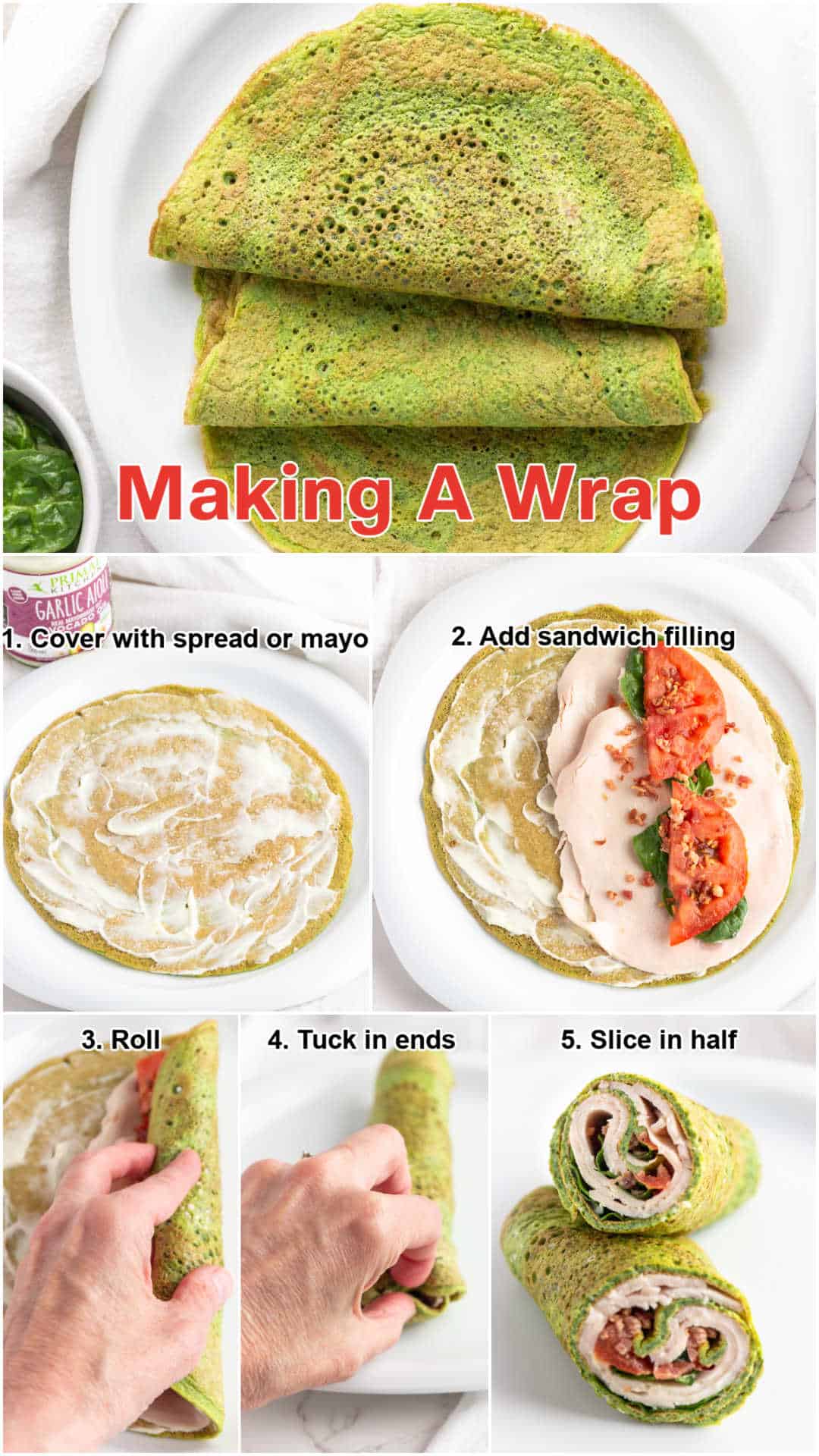 A photo collage of instruction on how to make a sandwich wrap.