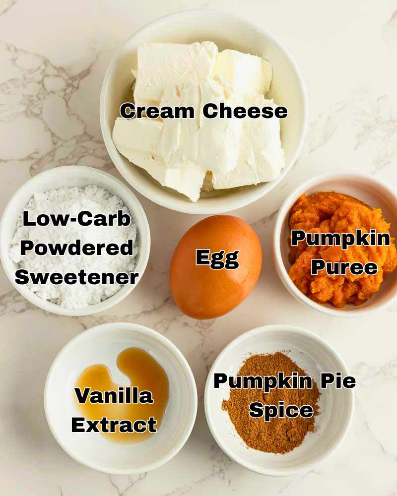 Ingredients for make keto pumpkin cheesecakes.